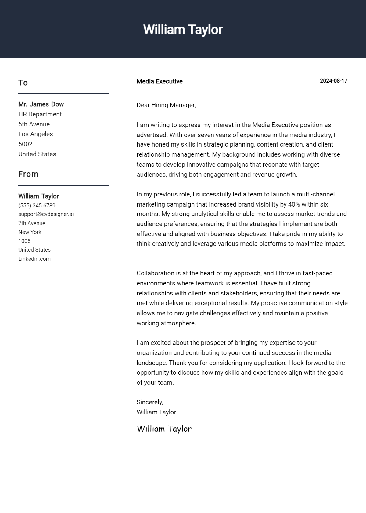 media executive cover letter example