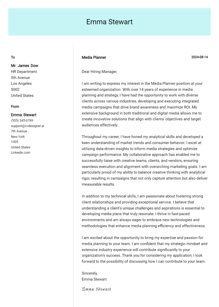 Media Planner Cover Letter Samples & Examples 2025 1 Media Planner Cover Letter Samples & Examples 2025