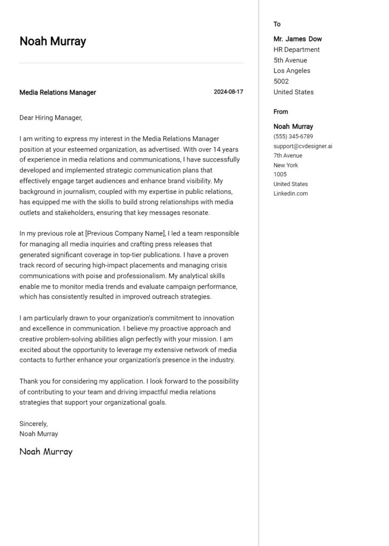 Media Relations Manager Cover Letter Samples & Examples 2025
