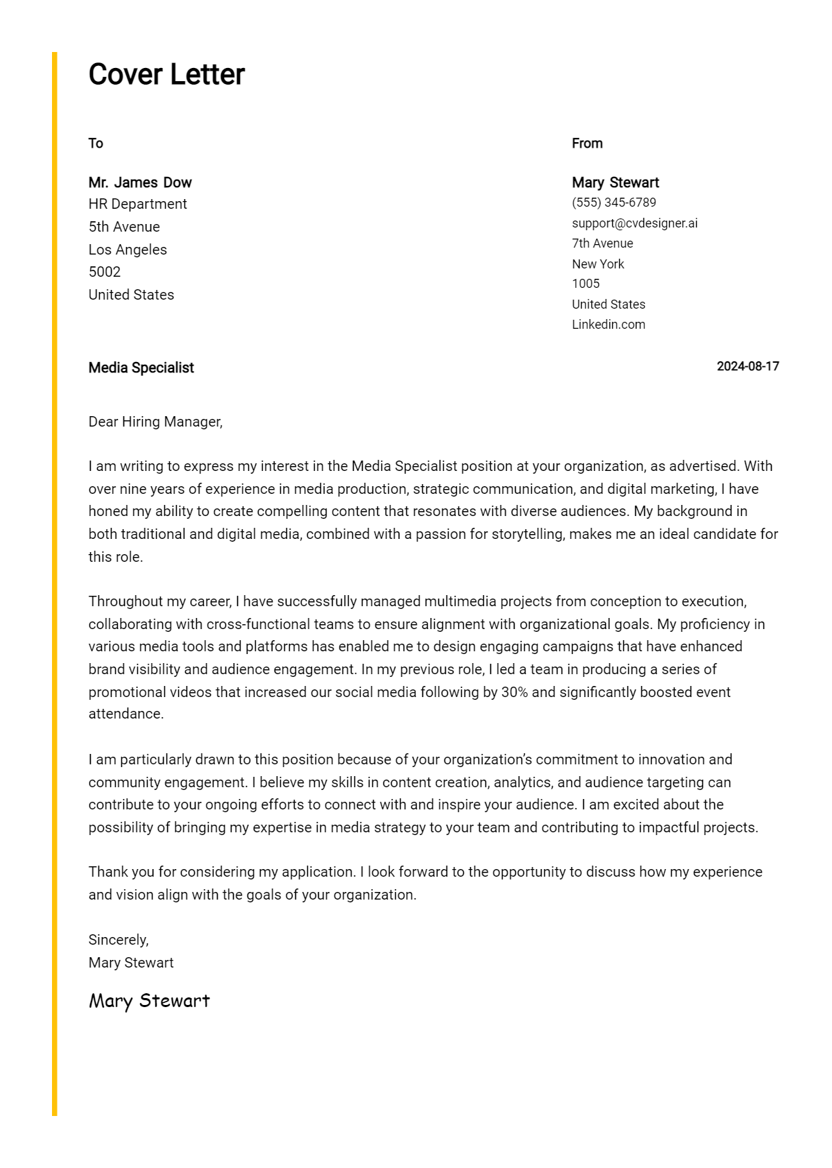 media specialist cover letter example