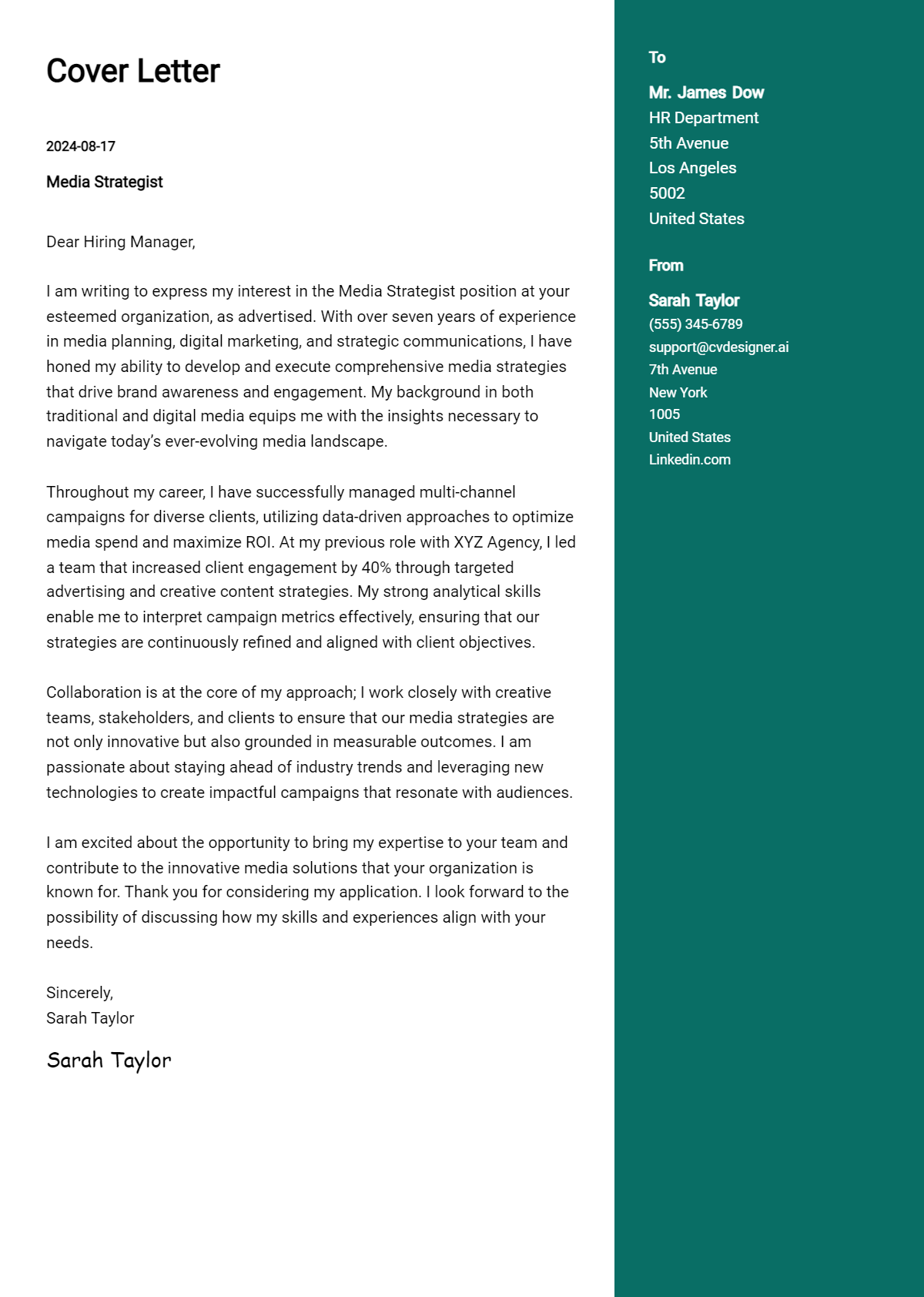 media strategist cover letter example