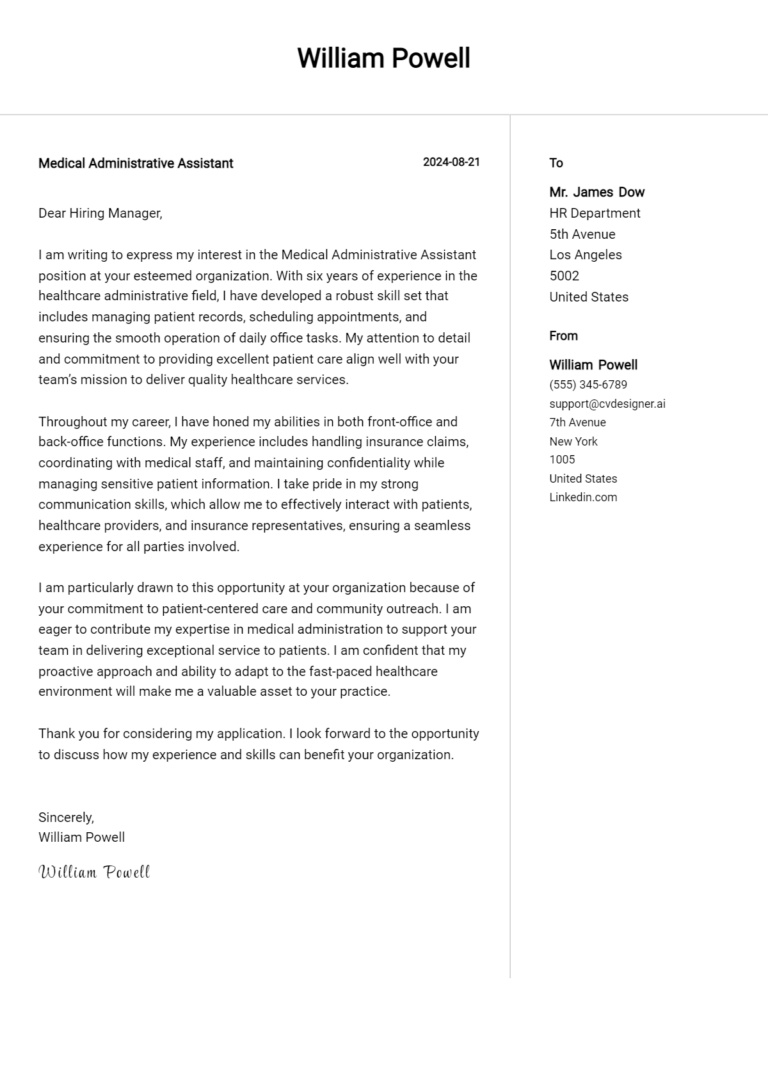 Medical Administrative Assistant Cover Letter Example for 2025 (Writing Guide)
