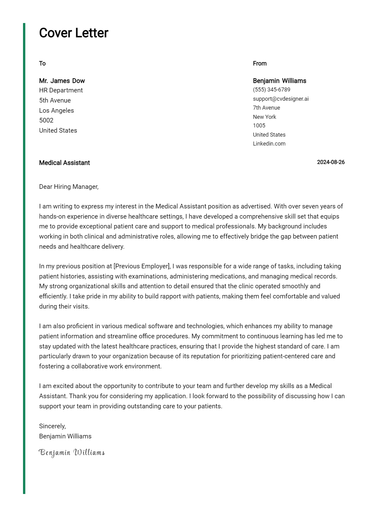 medical assistant cover letter example