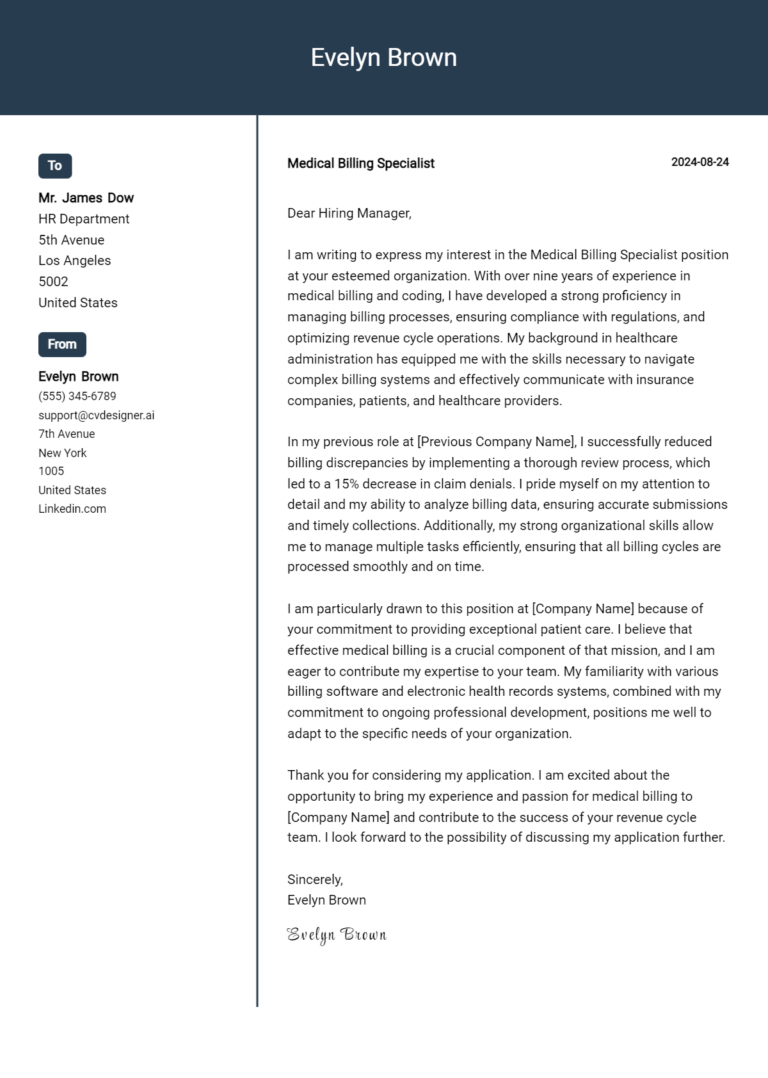 Medical Billing Specialist Cover Letter Example for 2025 (Download Templates)