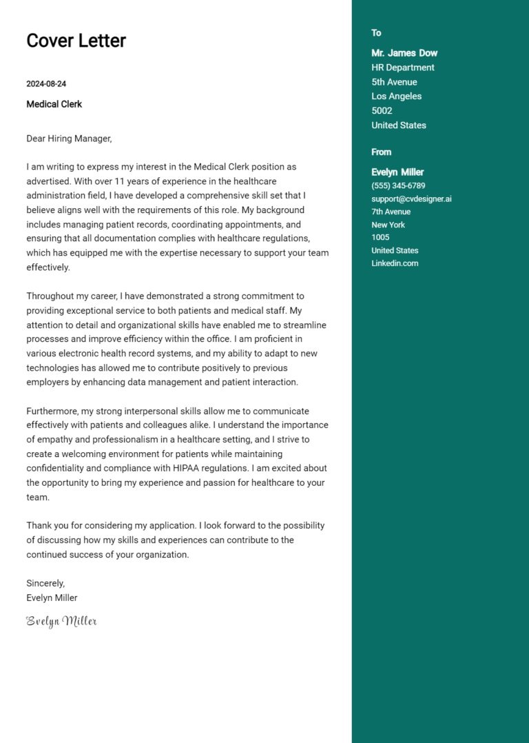 27 Medical Clerk Cover Letter Examples & Samples for 2025