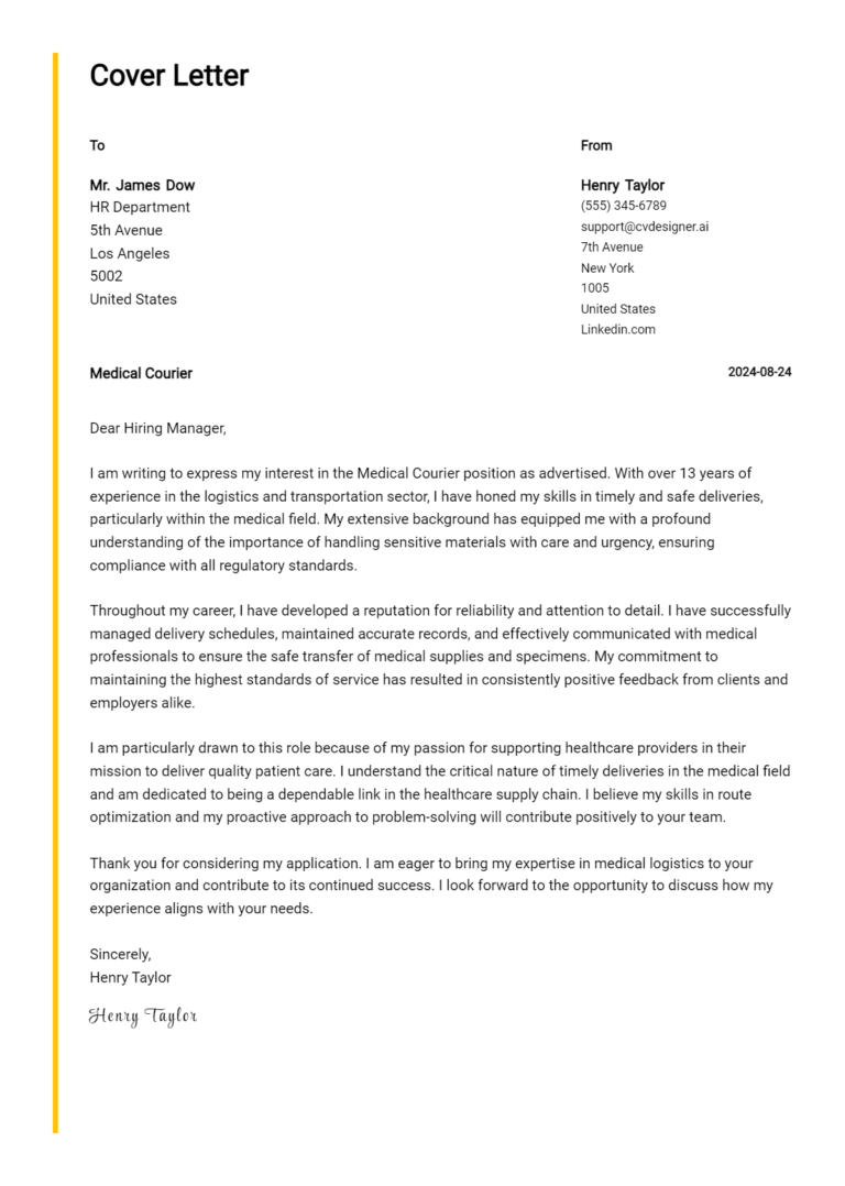 Medical Courier Cover Letter Example for 2025: Expert Tips & Templates