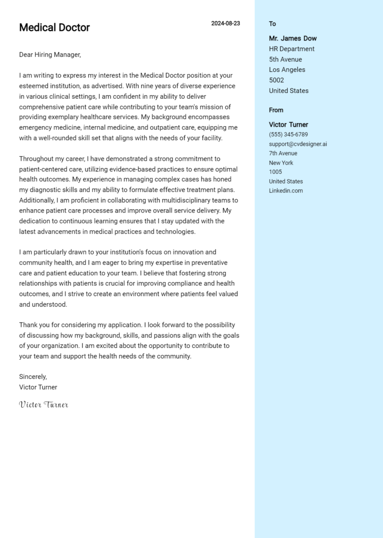 Medical Doctor Cover Letter Example for 2025 (Download Templates)
