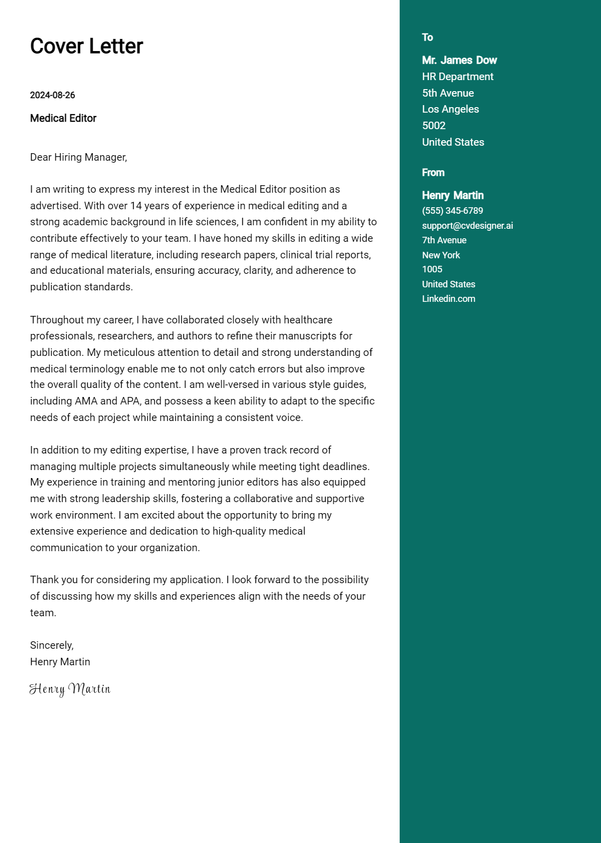 medical editor cover letter example