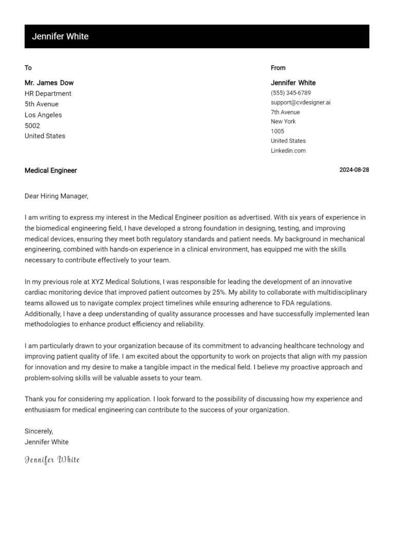 Medical Engineer Cover Letter Examples & Samples for 2025