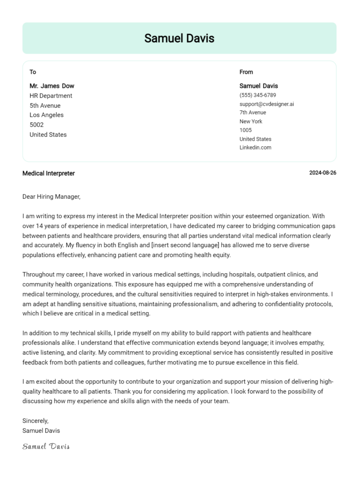 Medical Interpreter Cover Letter Example For 2024 Free Templates Cvdesigner Ai