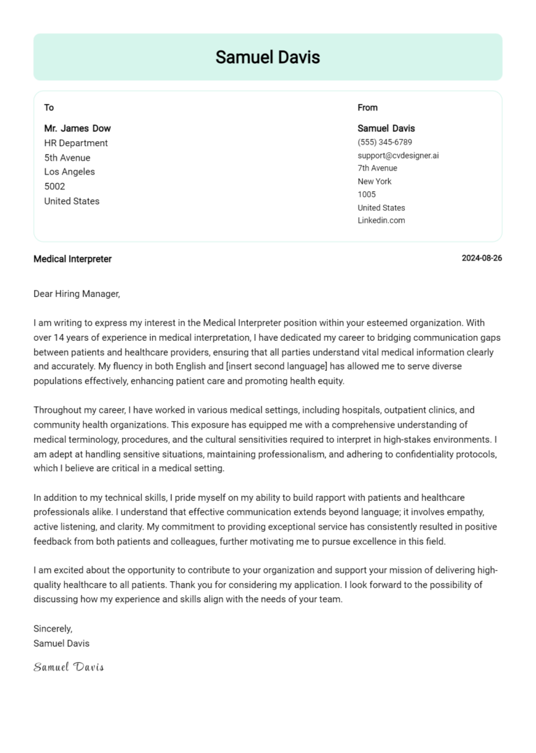 Medical Interpreter Cover Letter Example for 2025 (Free Templates)