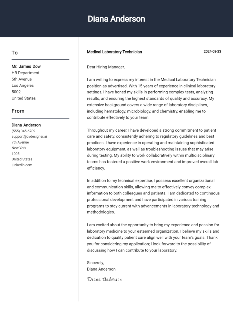 Medical Laboratory Technician Cover Letter Examples and Templates for 2025