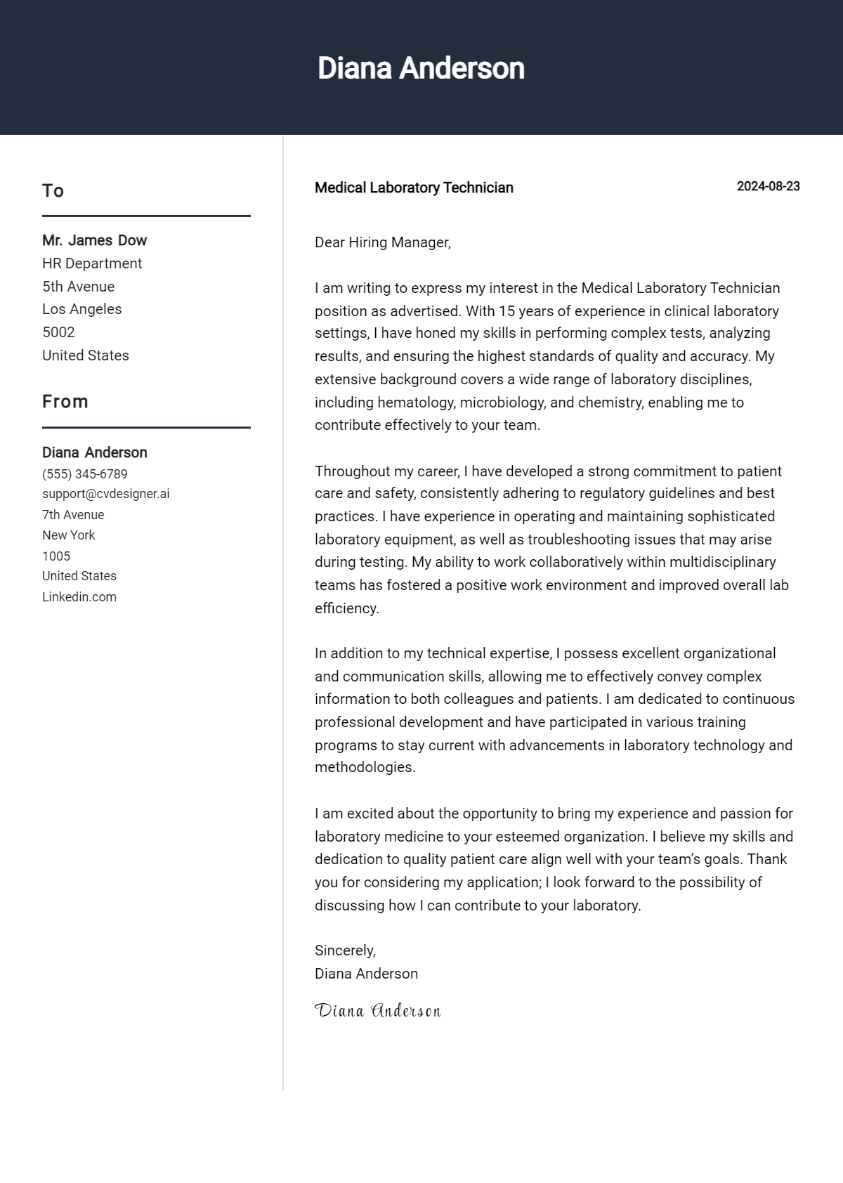 medical laboratory technician cover letter example