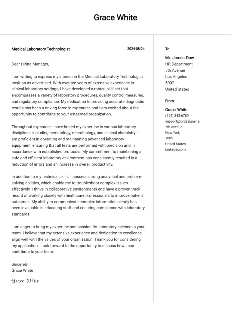 Medical Laboratory Technologist Cover Letter Examples for 2025 (Downloadable)
