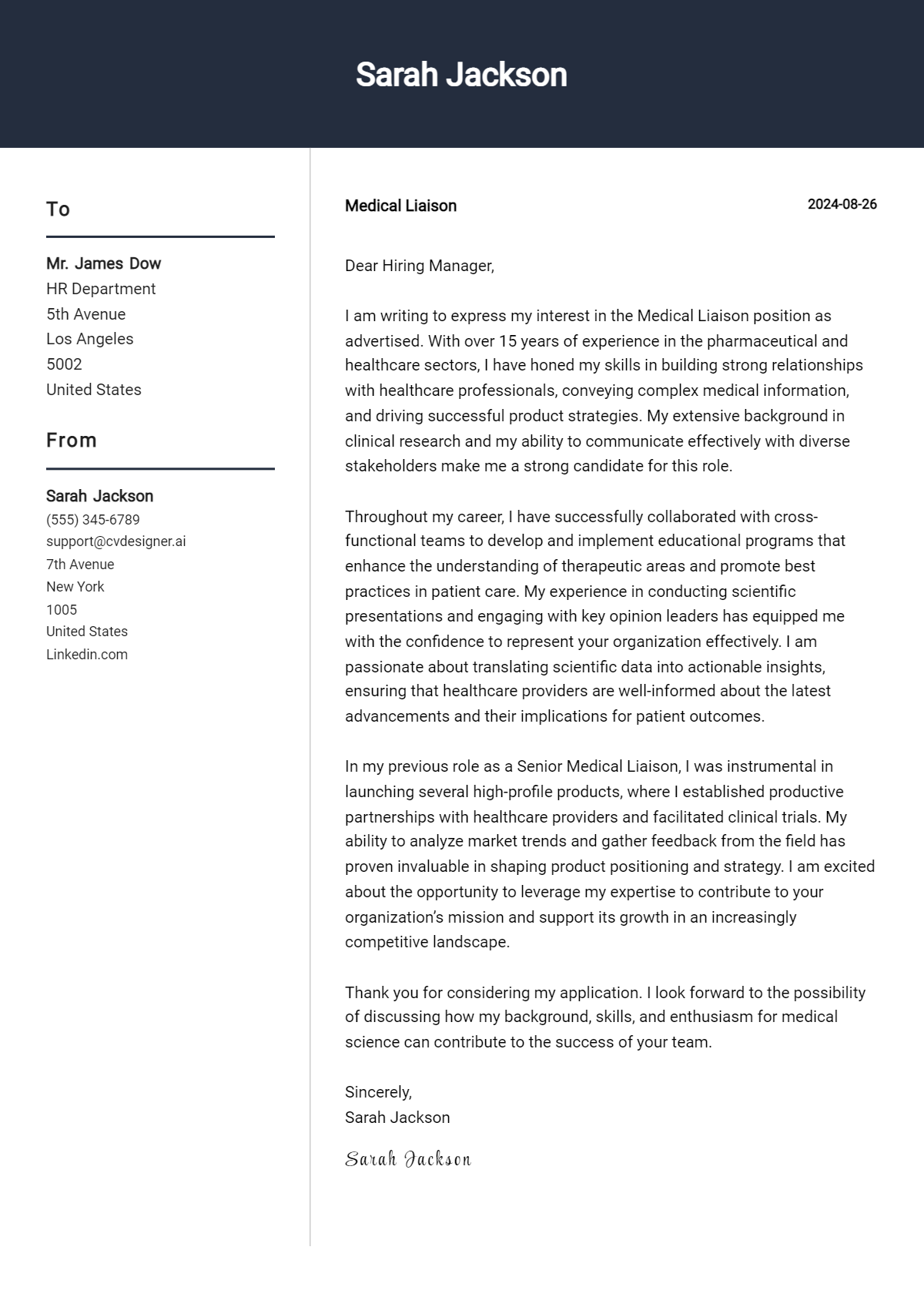 Medical Liaison Cover Letter Examples & Samples for 2024 - CVDesigner.ai