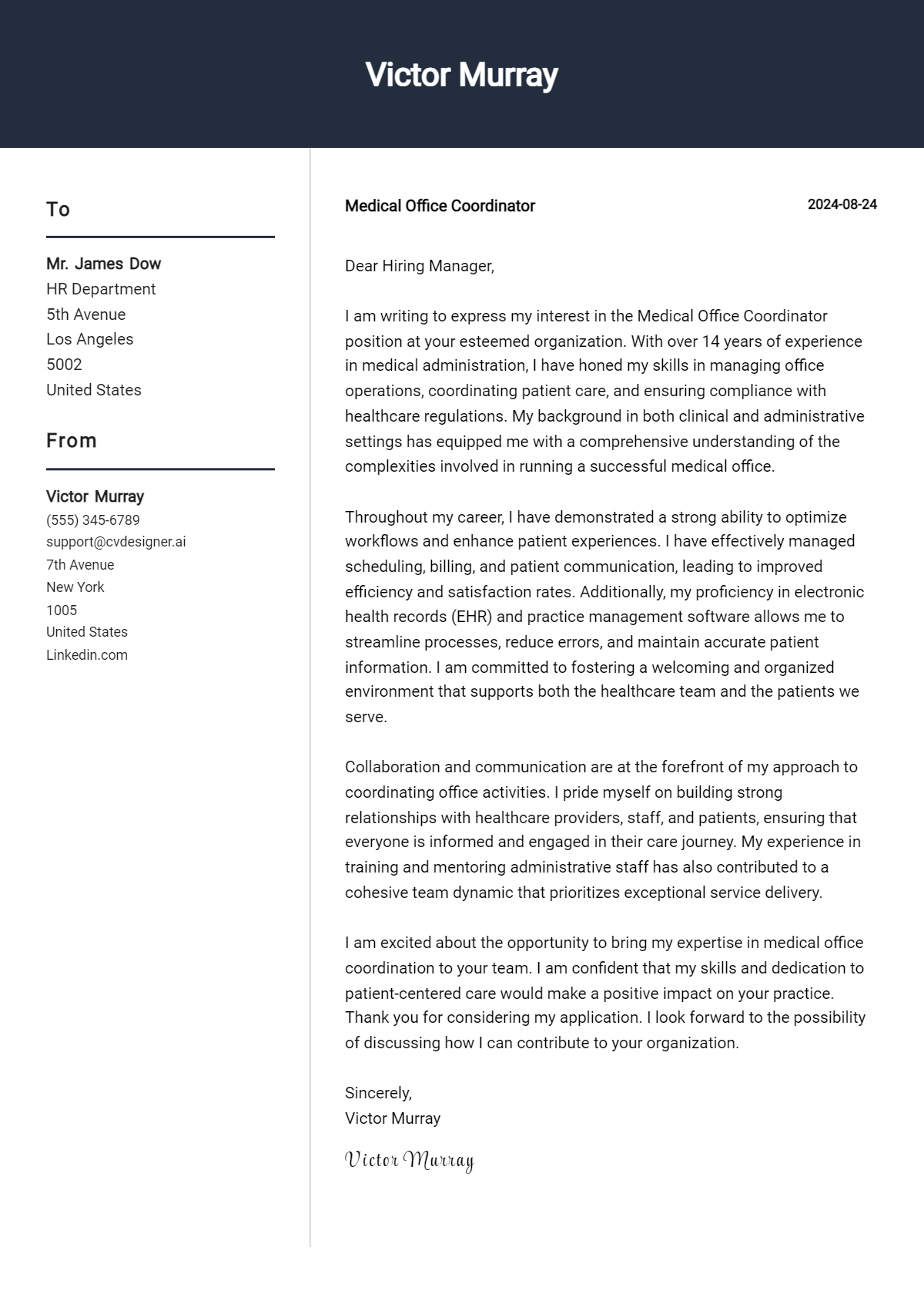 medical office coordinator cover letter example