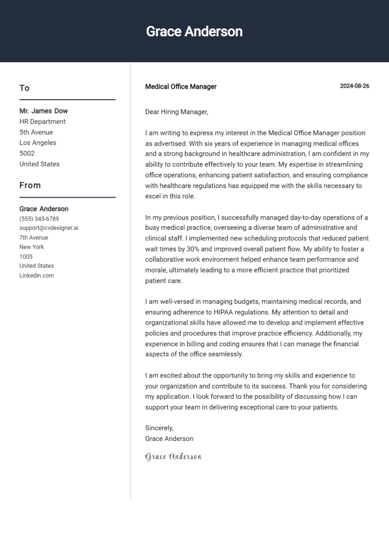 21 Medical Office Manager Cover Letter Examples and Templates for 2025