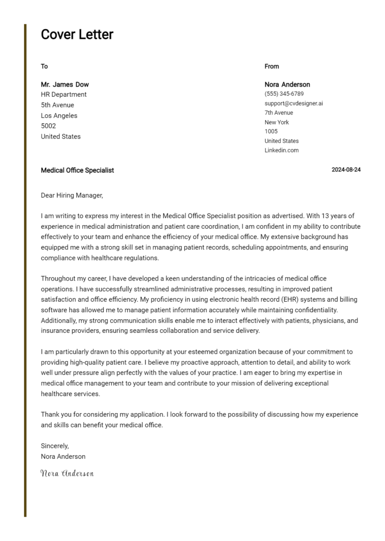 24 Medical Office Specialist Cover Letter Examples for 2025: Free Templates 1 24 Medical Office Specialist Cover Letter Examples for 2025: Free Templates