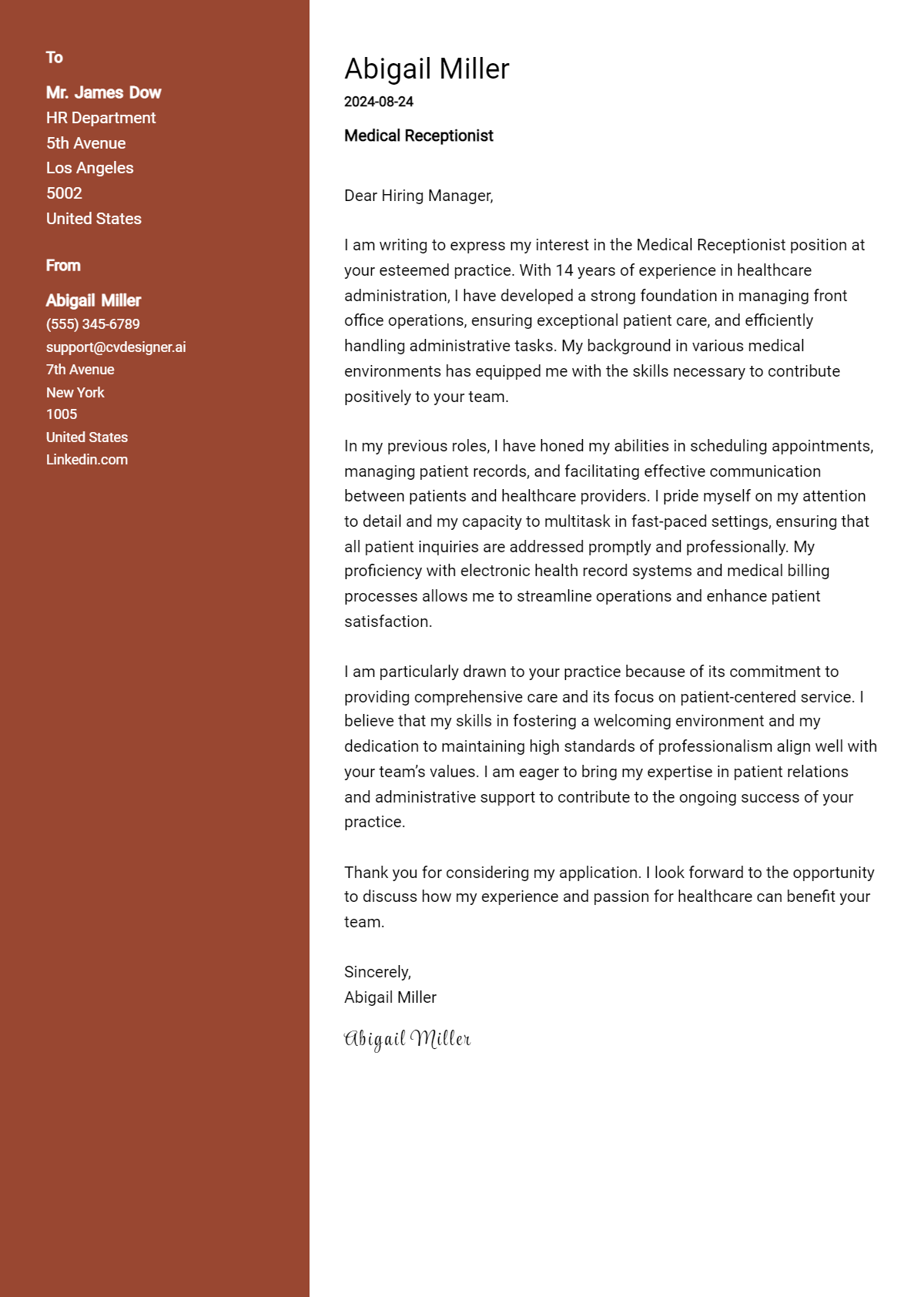 medical receptionist cover letter example