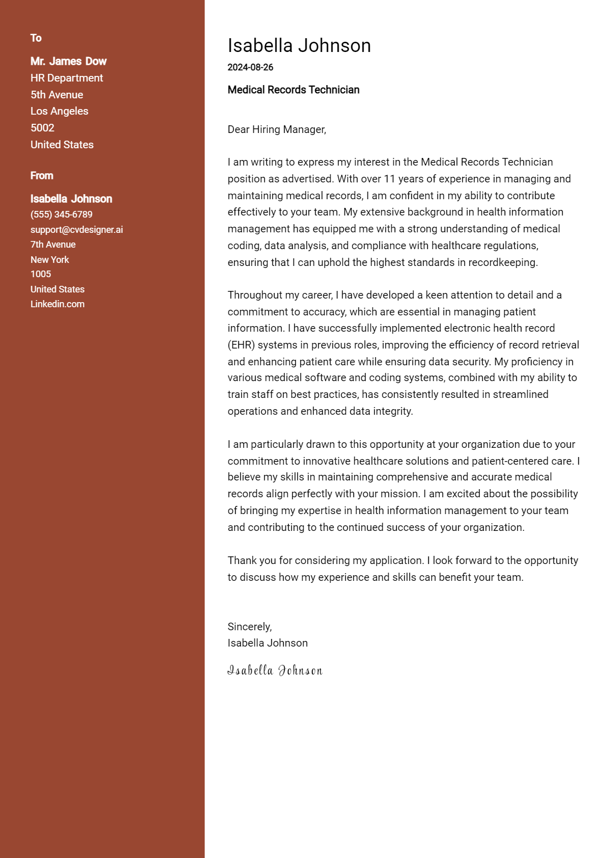 medical records technician cover letter example