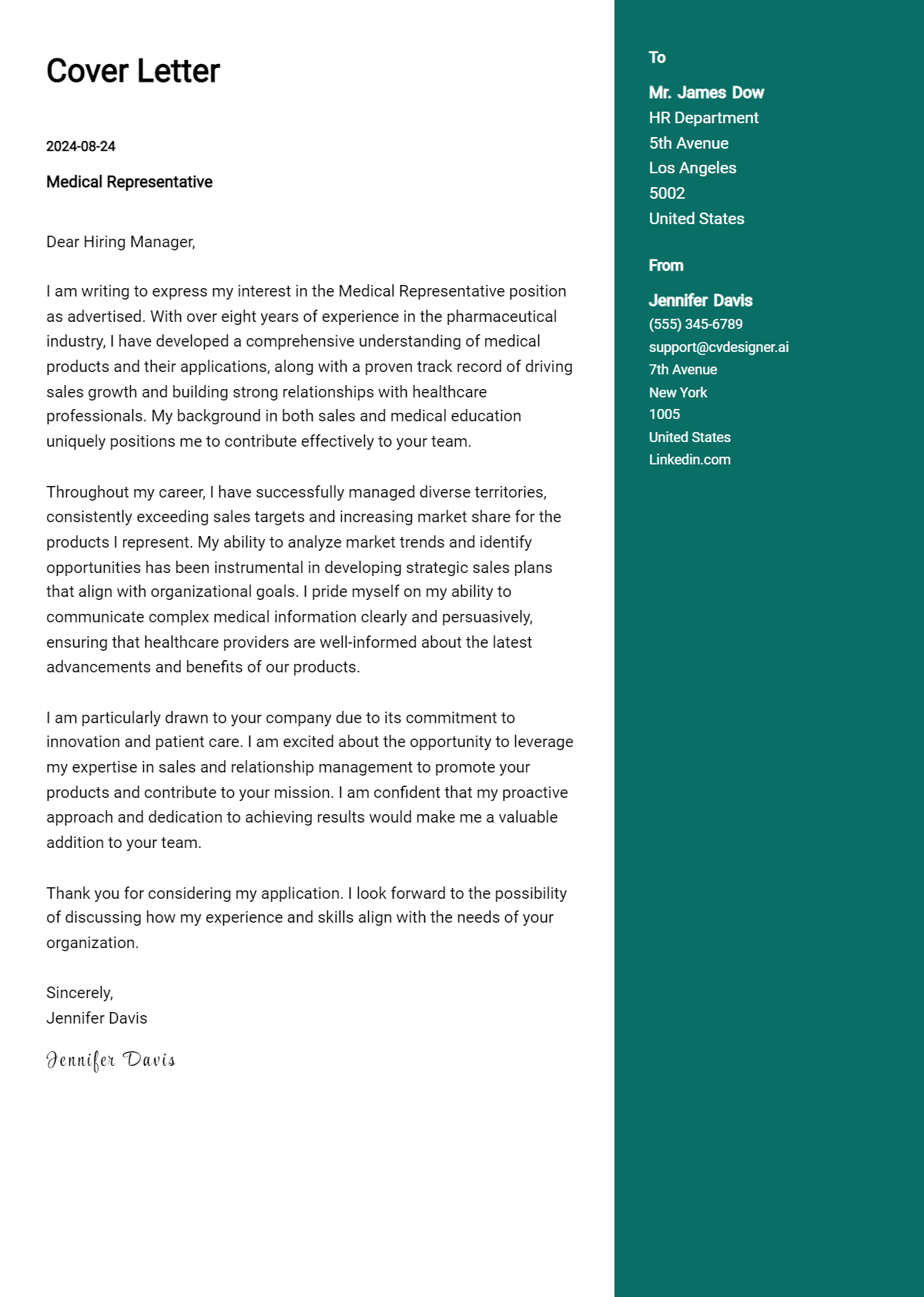 medical representative cover letter example