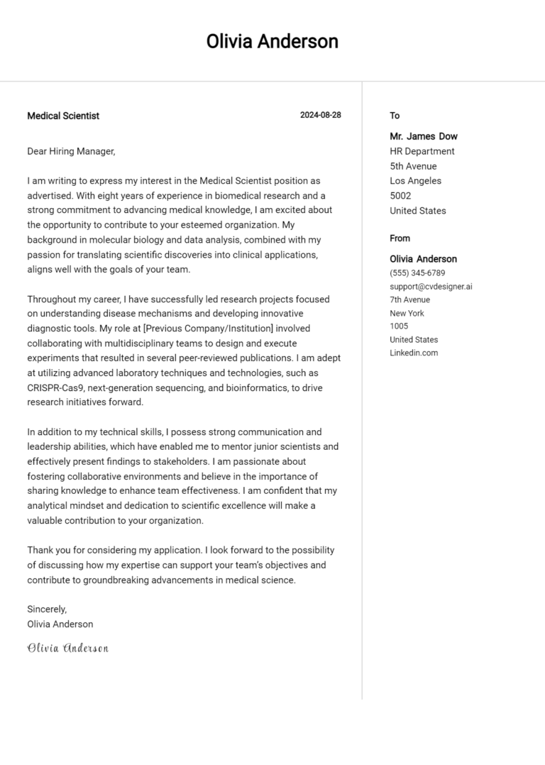 Medical Scientist Cover Letter Example for 2025 (Free Templates)