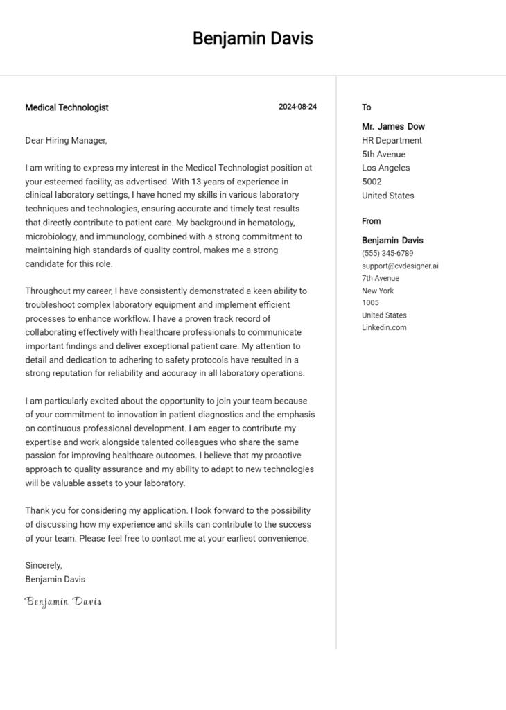 medical technologist cover letter example