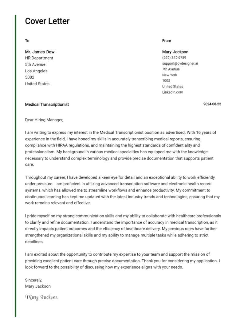 Medical Transcriptionist Cover Letter Examples with Writing Tips for 2025 1 Medical Transcriptionist Cover Letter Examples with Writing Tips for 2025