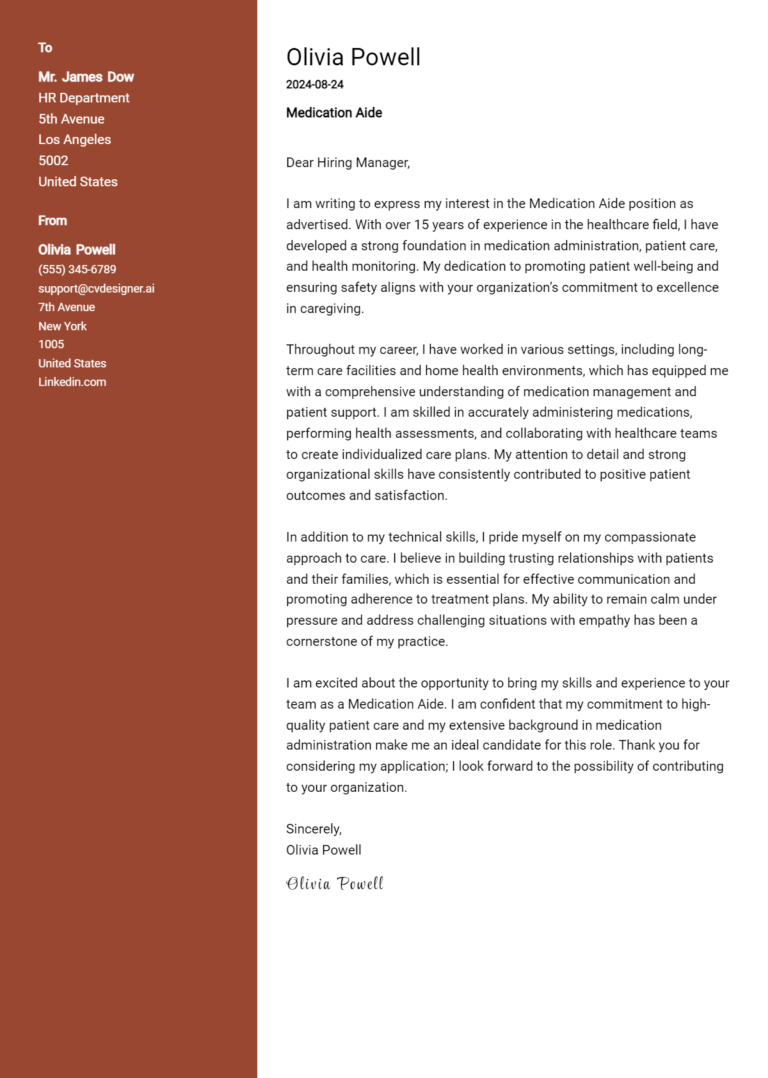 Medication Aide Cover Letter Examples for 2025 (Downloadable)