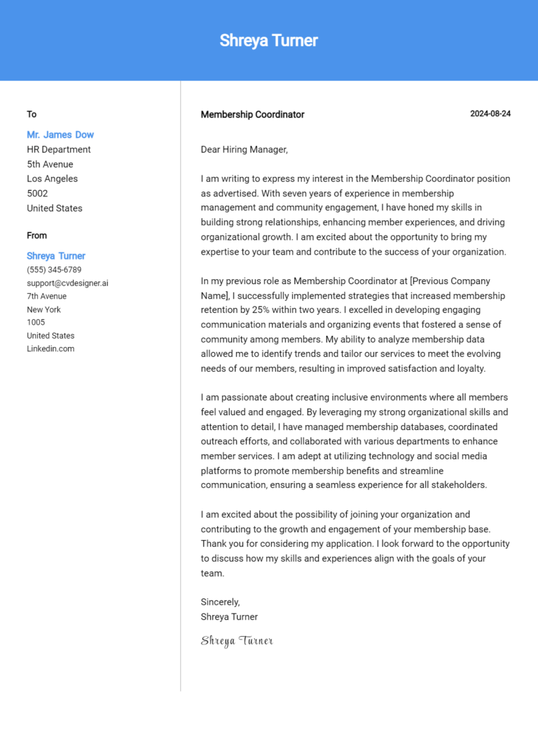 Membership Coordinator Cover Letter Example for 2025 (Writing Guide)