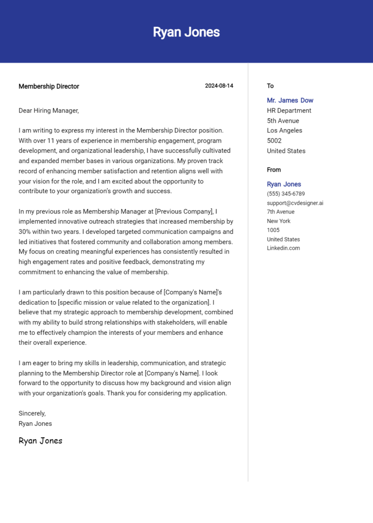 Membership Director Cover Letter Example for 2025: Free Templates