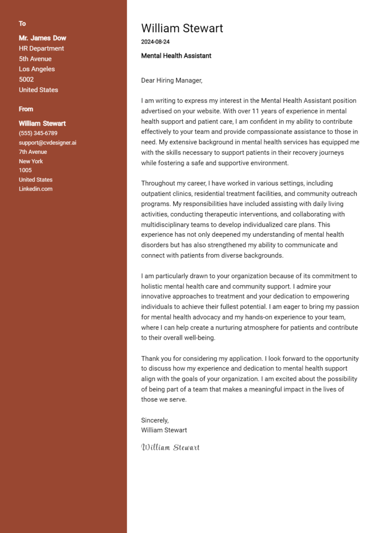 Mental Health Assistant Cover Letter Example for 2025 (Writing Guide)