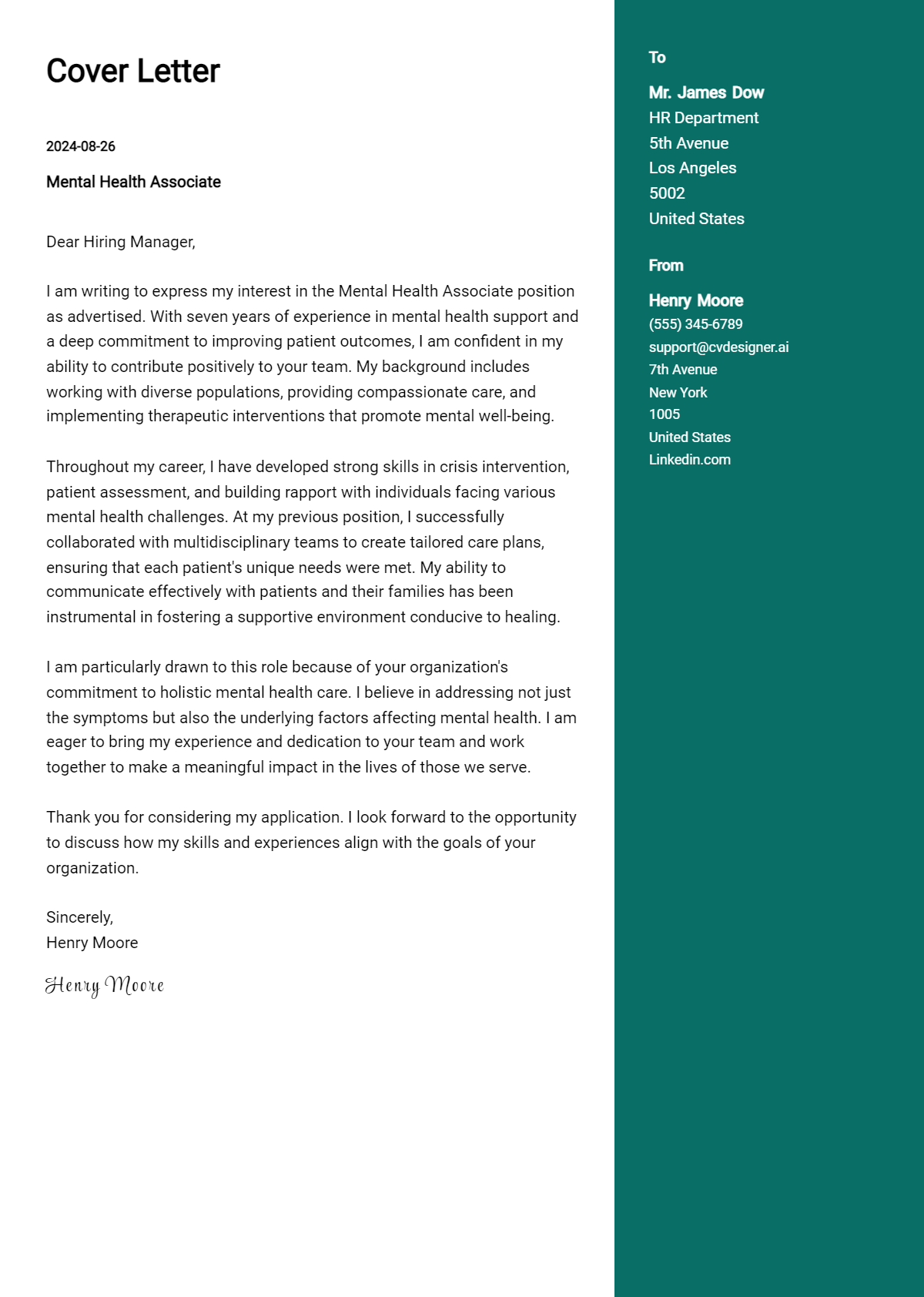 mental health associate cover letter example