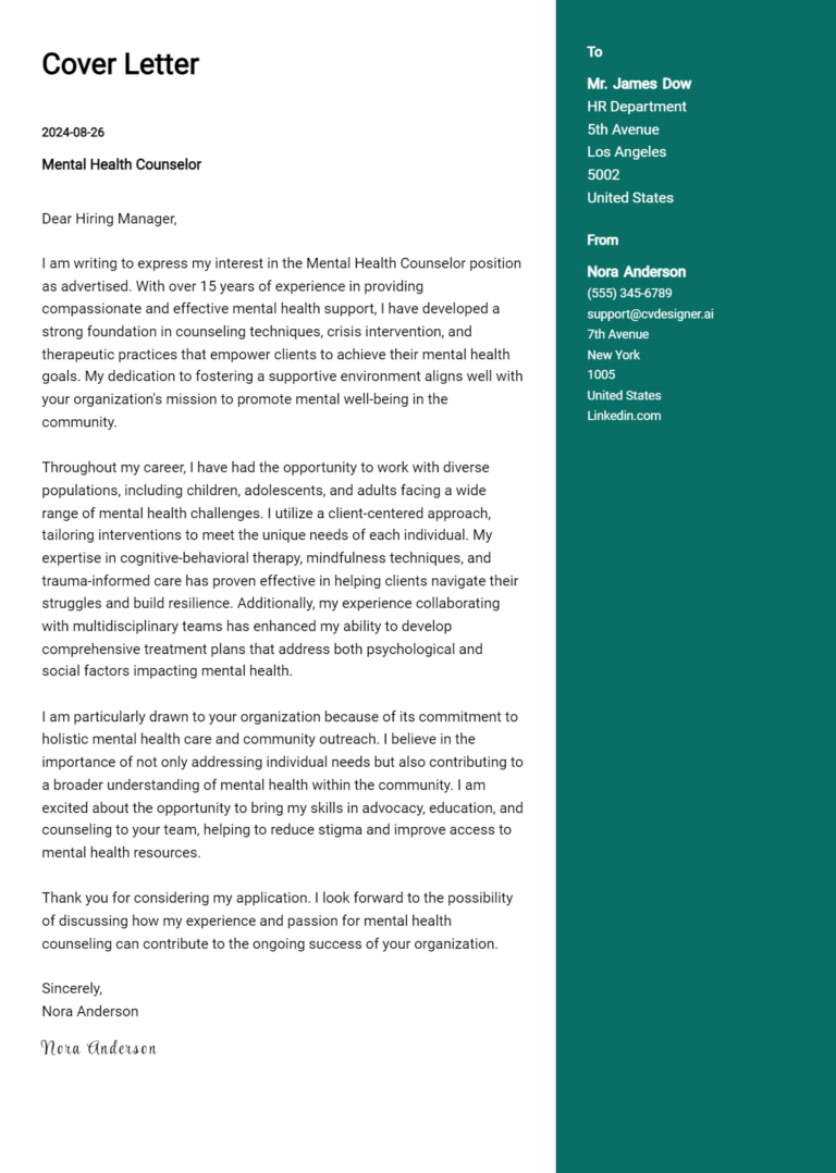 Mental Health Counselor Cover Letter Example for 2025: Top CV Skills