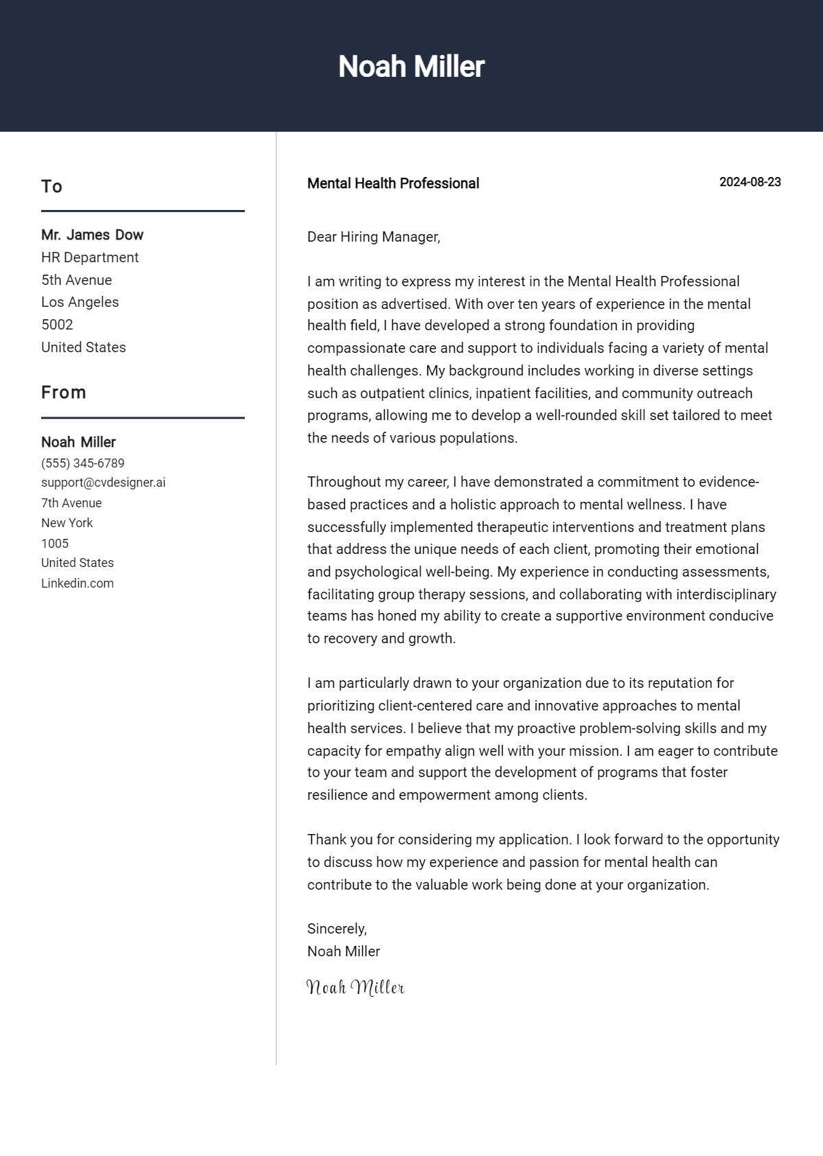 mental health professional cover letter example