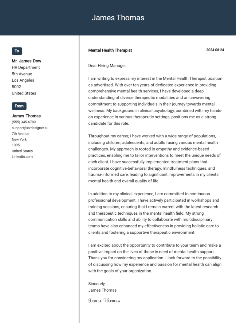 Mental Health Therapist Cover Letter Examples and Templates for 2025 1 Mental Health Therapist Cover Letter Examples and Templates for 2025