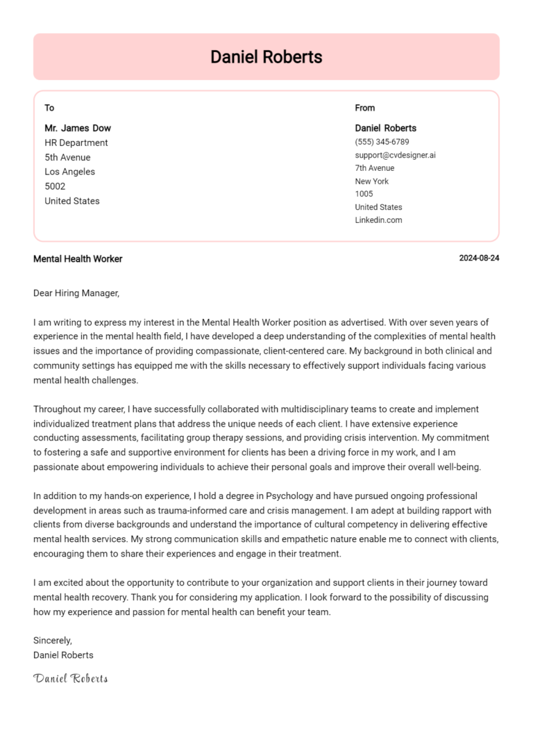 Mental Health Worker Cover Letter Example for 2025 (Writing Guide)