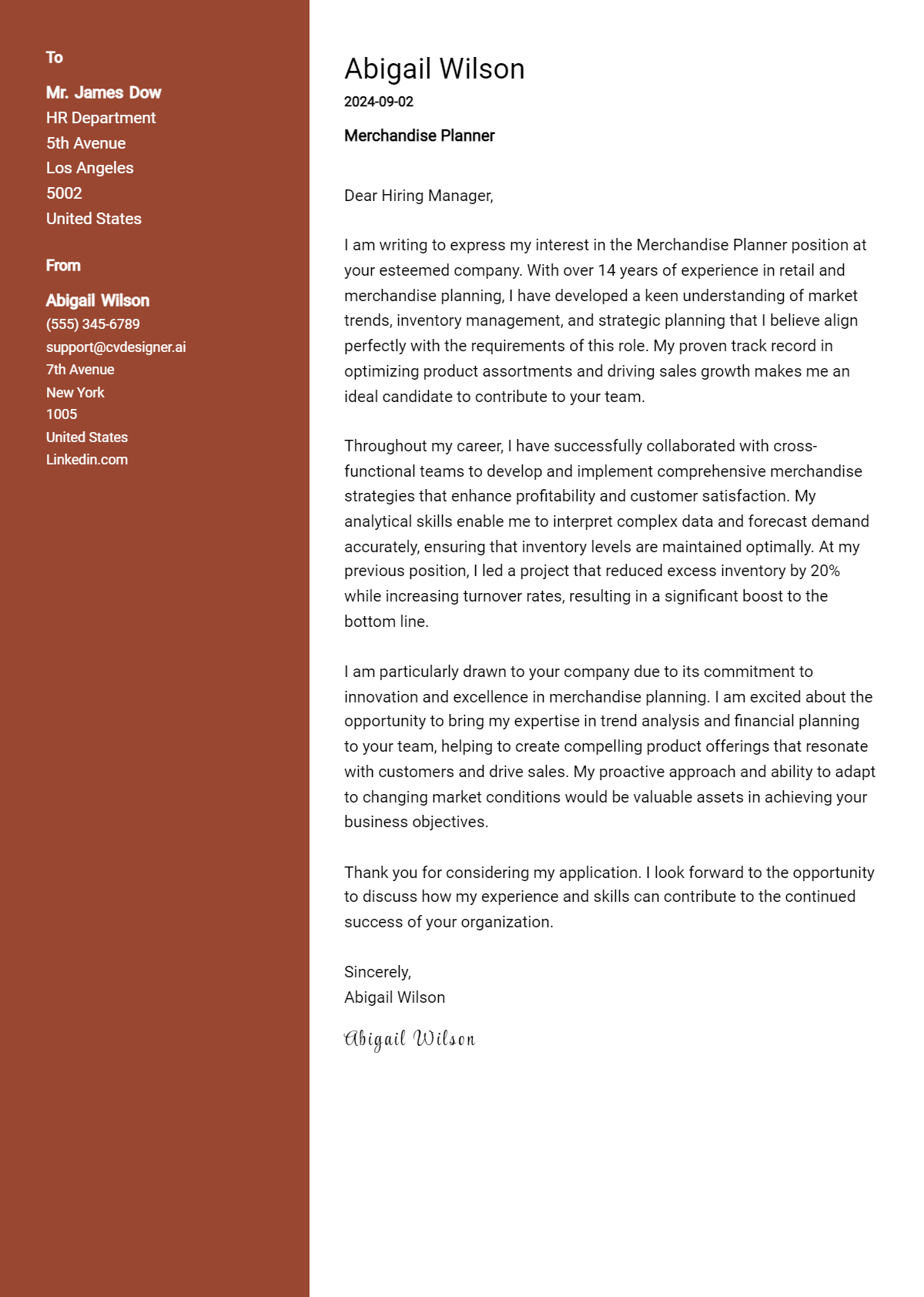 merchandise planner cover letter example
