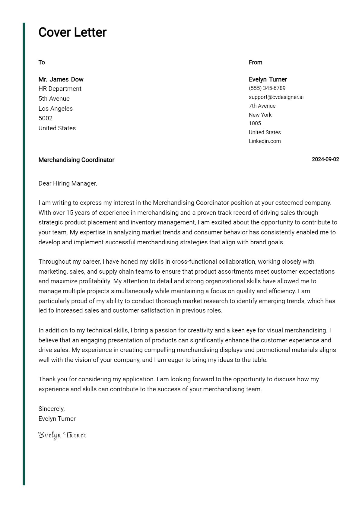 merchandising coordinator cover letter example