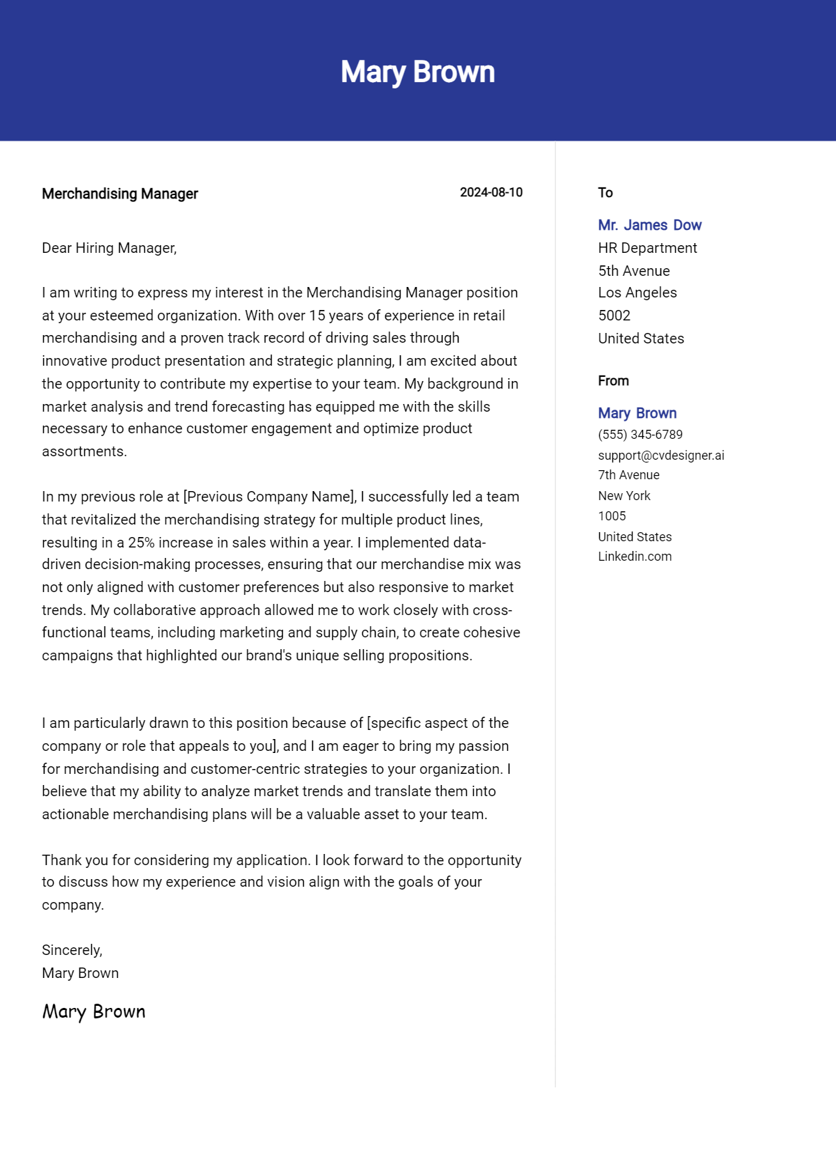 merchandising manager cover letter example