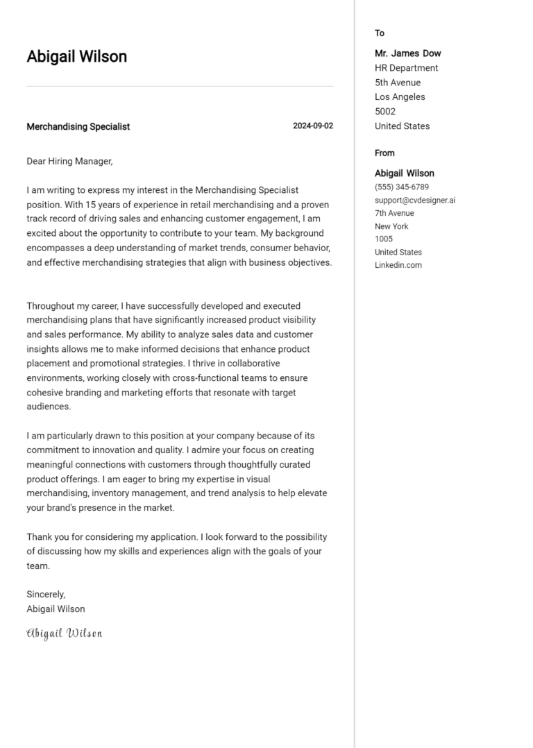 Merchandising Specialist Cover Letter Examples and Templates for 2025