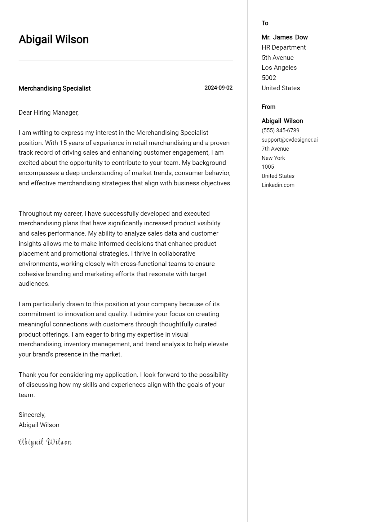 merchandising specialist cover letter example