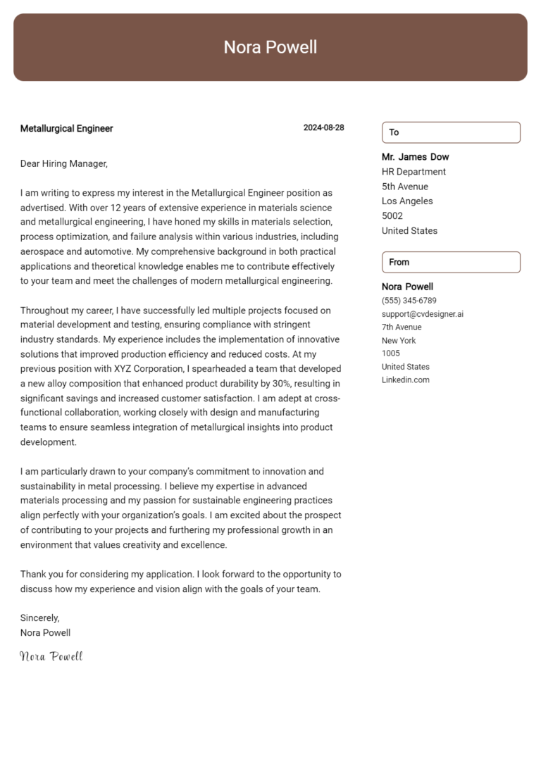 Metallurgical Engineer Cover Letter Example for 2025 (Free Templates)