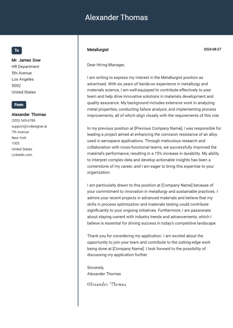 Metallurgist Cover Letter Example for 2025 (Free Templates)