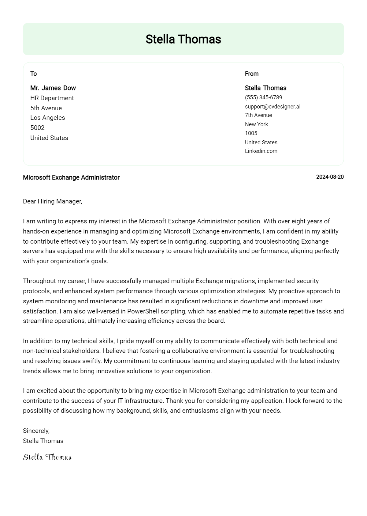 microsoft exchange administrator cover letter example