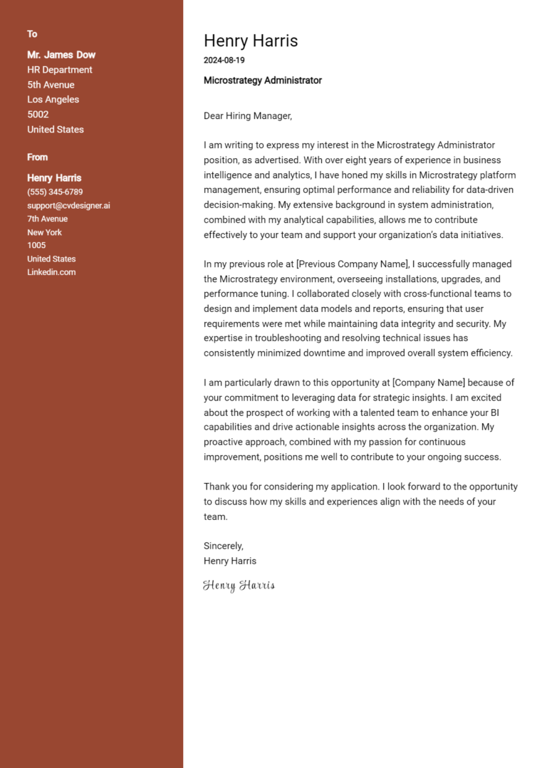 MicroStrategy Administrator Cover Letter Example for 2025: Expert Tips & Templates