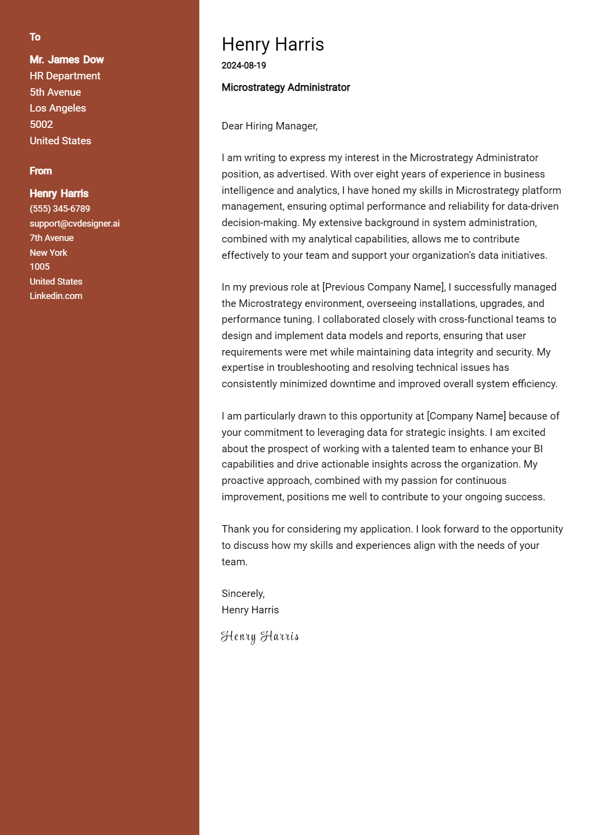 microstrategy administrator cover letter example