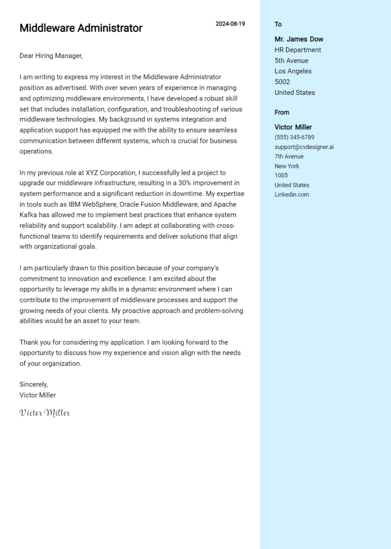 Middleware Administrator Cover Letter Examples for 2025 (Downloadable)