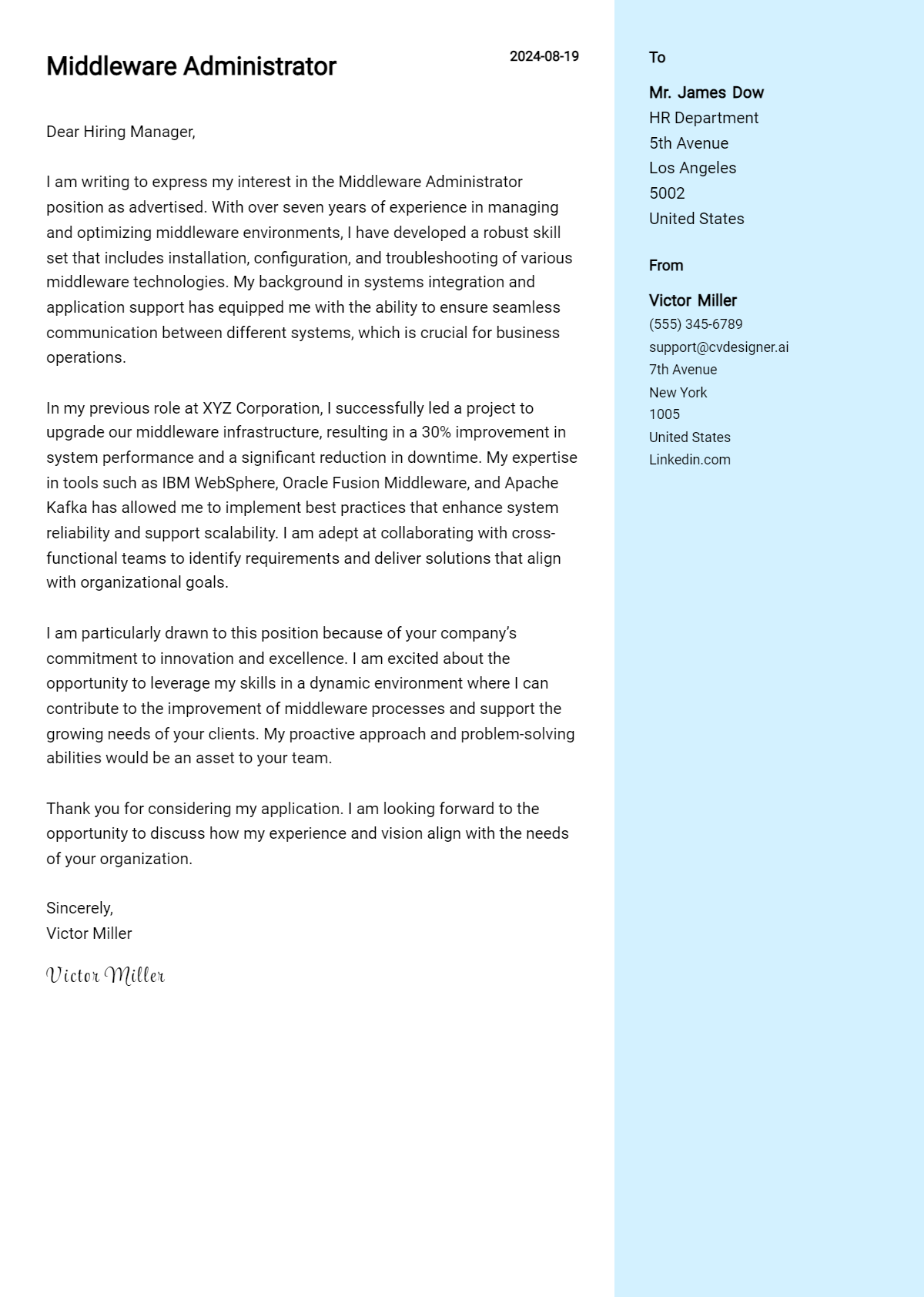 middleware administrator cover letter example