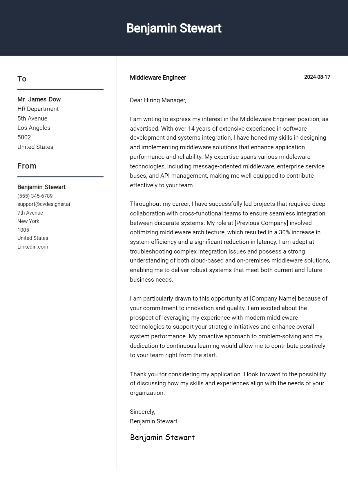 middleware engineer cover letter example